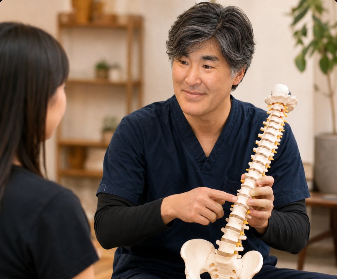 背骨模型で身体の状態を説明する様子